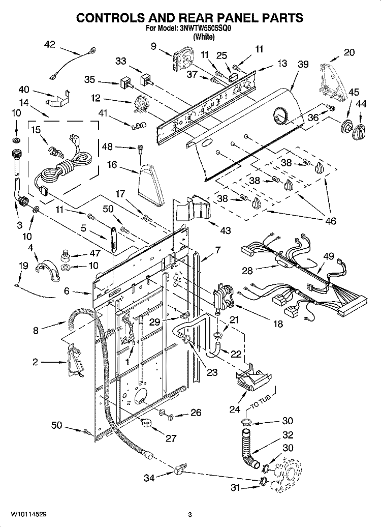 CONTROLS AND REAR PANEL PARTS Diagram and Parts List for 3NWTW5505SQ0  Whirlpool Washer