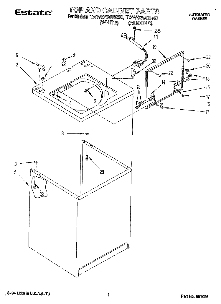 TOP AND CABINET, LIT/OPTIONAL Diagram and Parts List for TAWS680BW0  Estate Washer