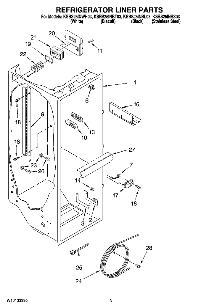 REFRIGERATOR LINER PARTS Diagram and Parts List for KSBS25INBL03  KitchenAid Refrigerator