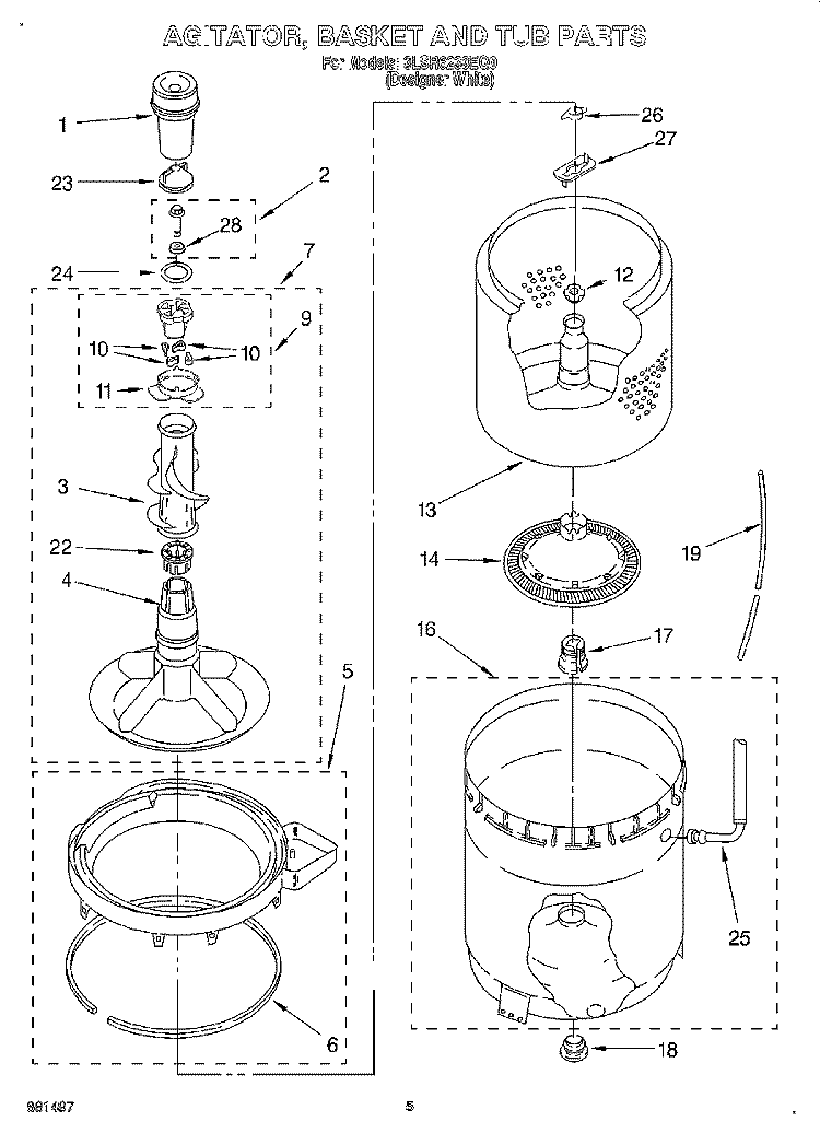AGITATOR, BASKET AND TUB Diagram and Parts List for 3LSR6233EQ0  Whirlpool Washer