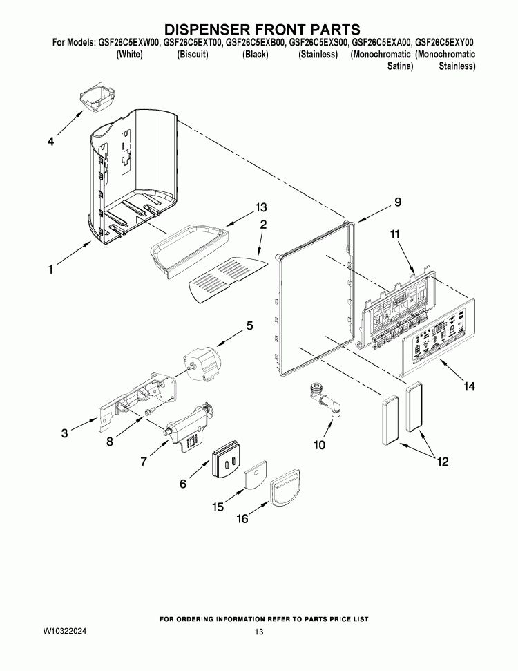 DISPENSER FRONT PARTS Diagram and Parts List for GSF26C5EXA00  Whirlpool Refrigerator
