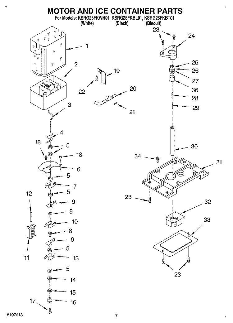 MOTOR AND ICE CONTAINER Diagram and Parts List for KSRG25FKBL01  KitchenAid Refrigerator