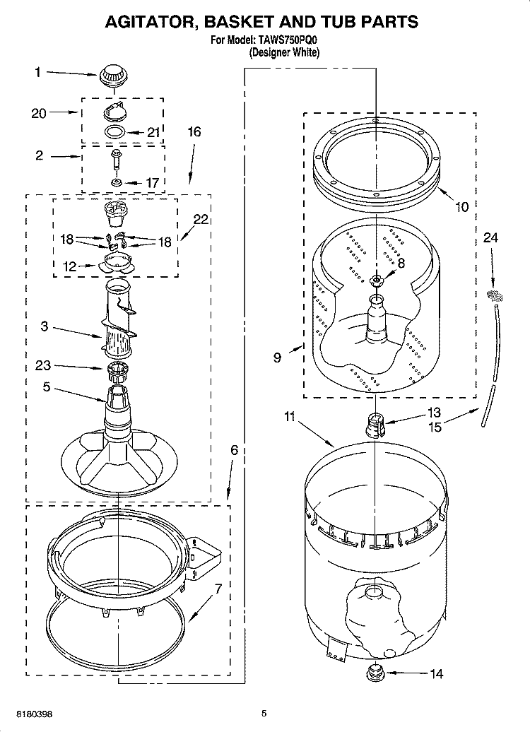 AGITATOR, BASKET AND TUB PARTS Diagram and Parts List for TAWS750PQ0  Estate Washer