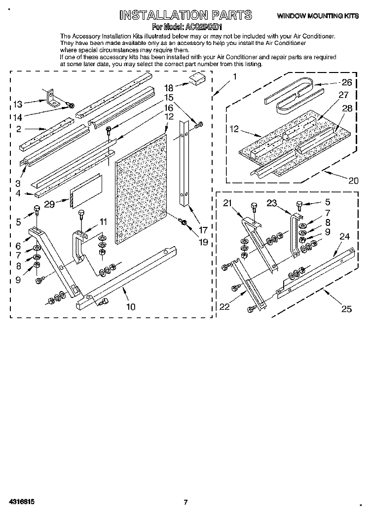 INSTALLATION Diagram and Parts List for ACQ254XD1  Whirlpool Air Conditioner
