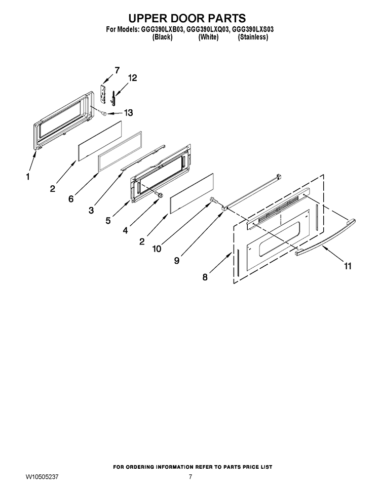 UPPER DOOR PARTS Diagram and Parts List for GGG390LXB03  Whirlpool Range