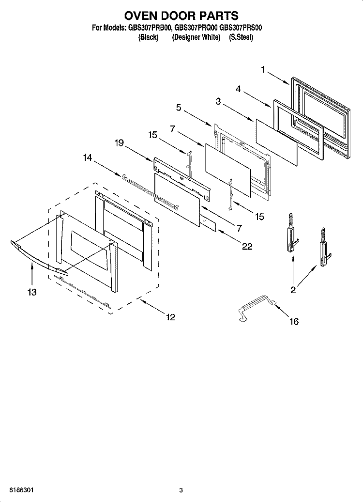 OVEN DOOR PARTS Diagram and Parts List for GBS307PRB00  Whirlpool Wall Oven