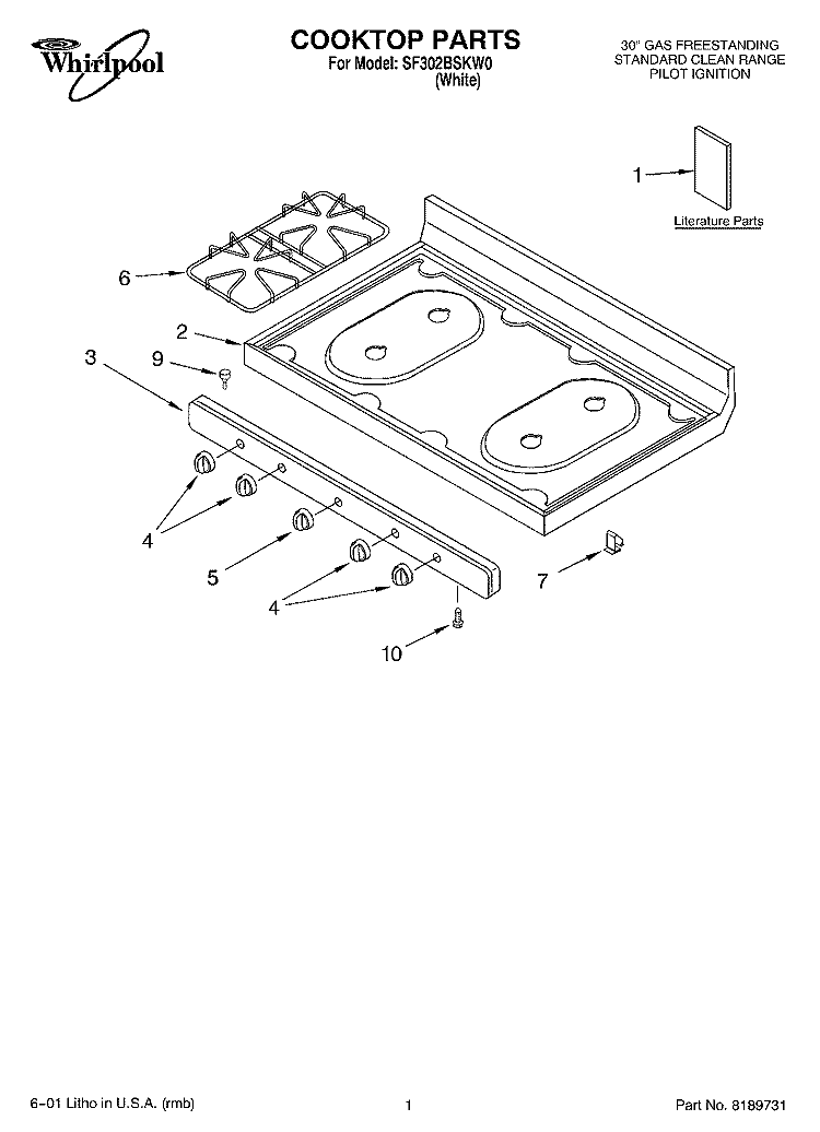 COOKTOP, LITERATURE Diagram and Parts List for SF302BSKW0  Whirlpool Range