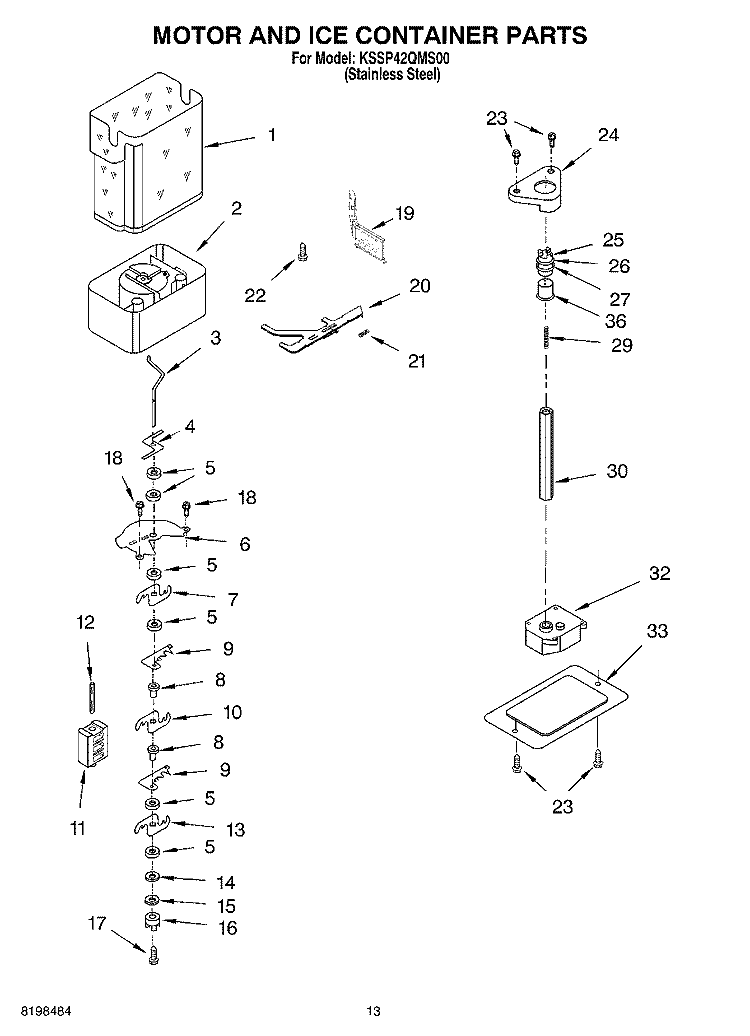 MOTOR AND ICE CONTAINER PARTS Diagram and Parts List for KSSP42QMS00  KitchenAid Refrigerator