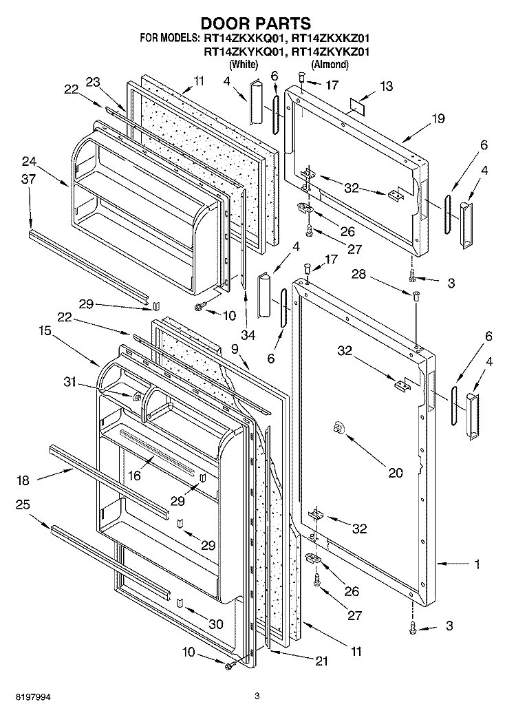 DOOR Diagram and Parts List for RT14ZKYKQ01  Roper Refrigerator