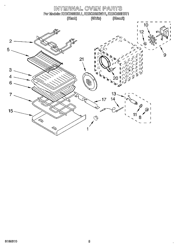 INTERNAL OVEN Diagram and Parts List for KEBC208HBT1  KitchenAid Wall Oven