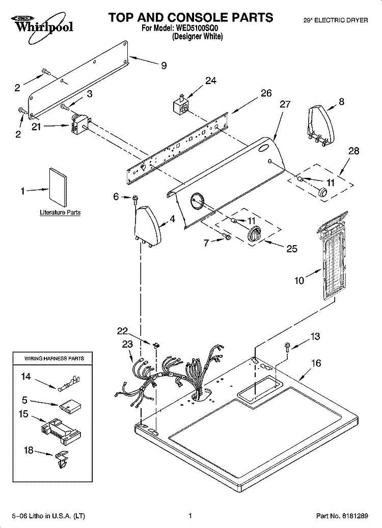 TOP AND CONSOLE PARTS Diagram and Parts List for WED5100SQ0  Whirlpool Dryer