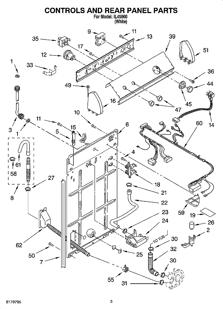 CONTROLS AND REAR PANEL PARTS Diagram and Parts List for IL45000  Inglis Washer