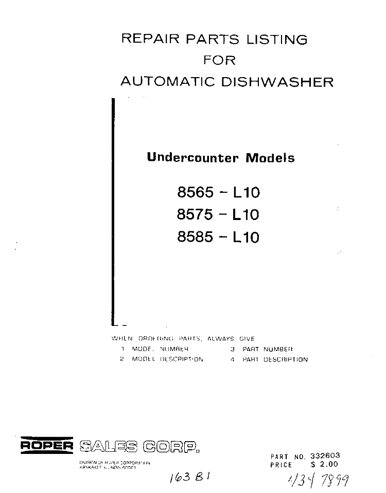 CONSOLE PANEL Diagram and Parts List for 8565L10  Roper Dishwasher