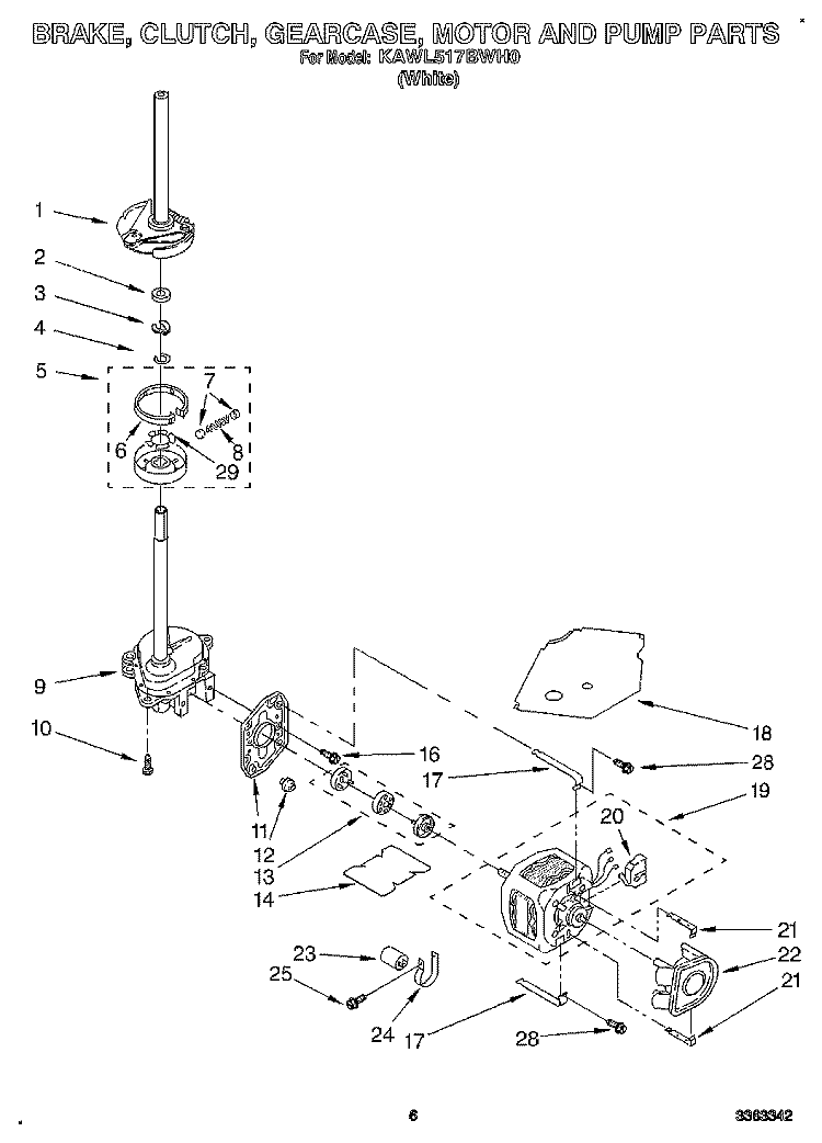 BRAKE, CLUTCH, GEARCASE, MOTOR AND PUMP Diagram and Parts List for KAWL517BWH0  KitchenAid Washer