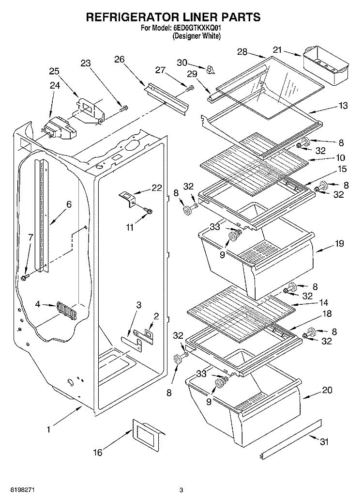 REFRIGERATOR LINER Diagram and Parts List for 6ED0GTKXKQ01  Whirlpool Refrigerator