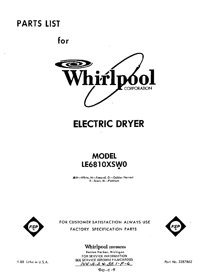 SECTION Diagram and Parts List for LE6810XSW0  Whirlpool Dryer