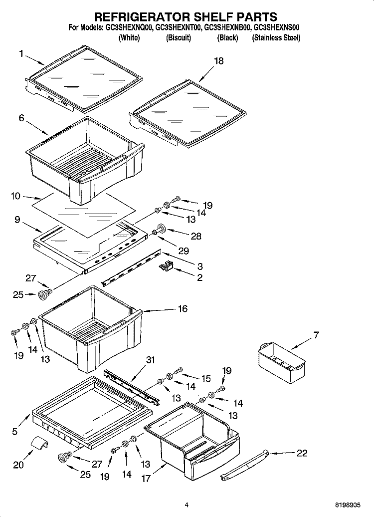 REFRIGERATOR SHELF PARTS Diagram and Parts List for GC3SHEXNQ00  Whirlpool Refrigerator