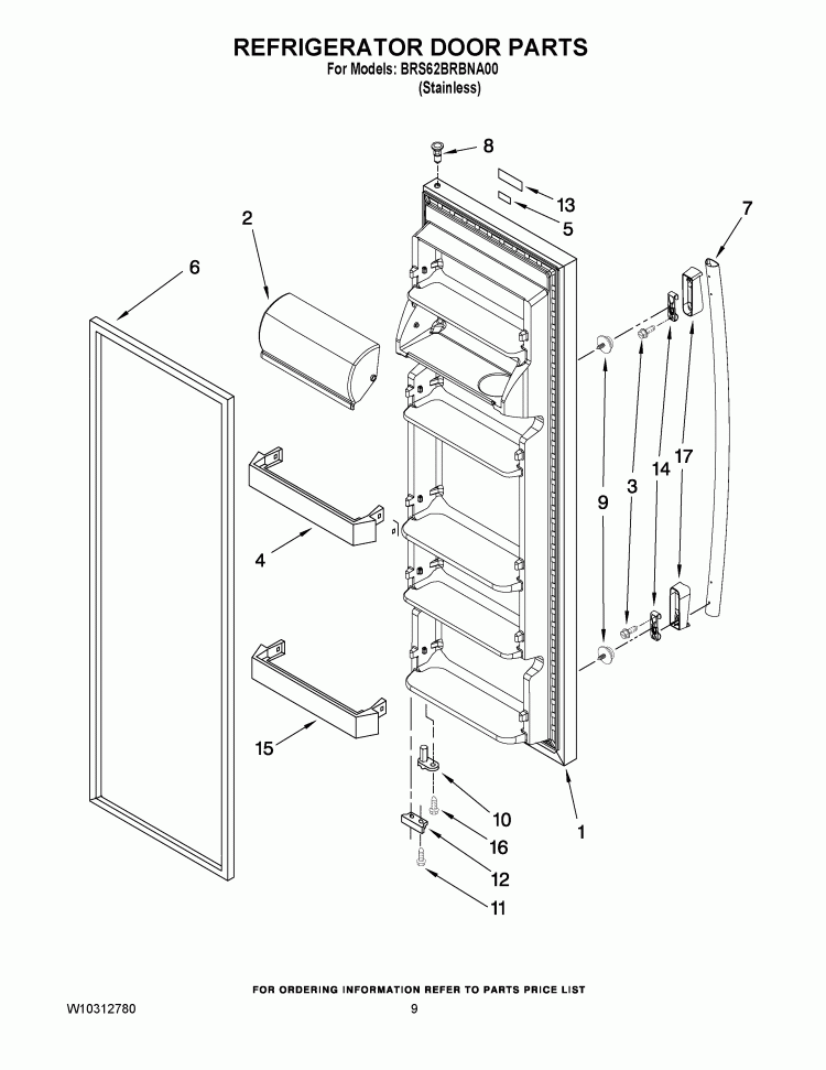 REFRIGERATOR DOOR PARTS Diagram and Parts List for BRS62BRBNA00  Whirlpool Refrigerator