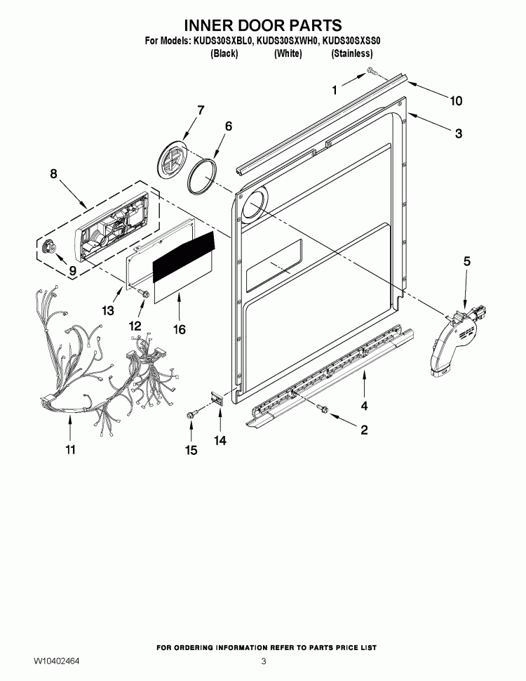 INNER DOOR PARTS Diagram and Parts List for KUDS30SXBL0  KitchenAid Dishwasher
