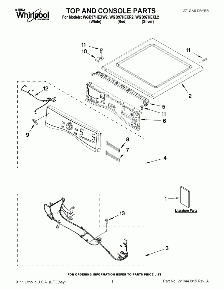 TOP AND CONSOLE PARTS Diagram and Parts List for WGD97HEXL2  Whirlpool Dryer