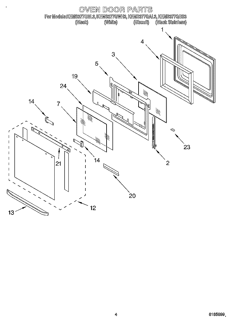 OVEN DOOR Diagram and Parts List for KEMS377GAL3  KitchenAid Microwave Oven Combo