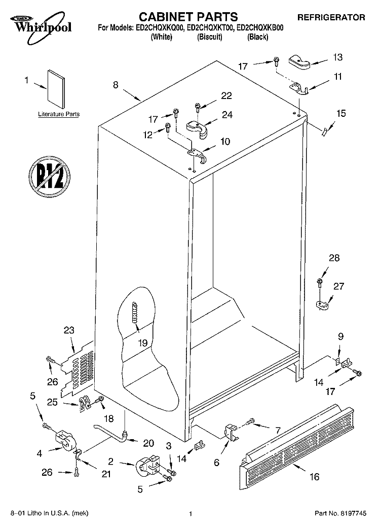 CABINET, LITERATURE Diagram and Parts List for ED2CHQXKQ00  Whirlpool Refrigerator