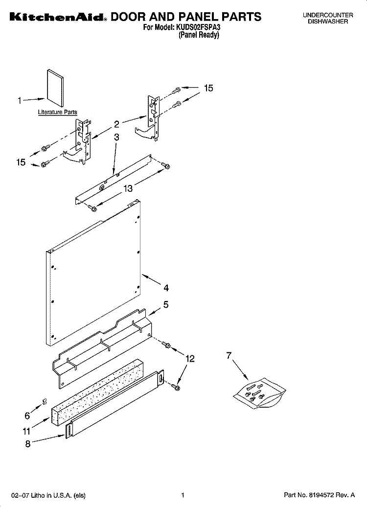 DOOR AND PANEL PARTS Diagram and Parts List for KUDS02FSPA3  KitchenAid Dishwasher