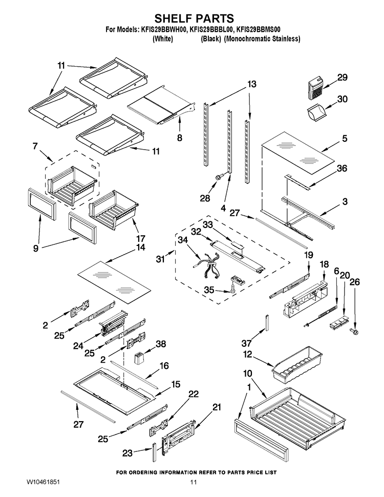 SHELF PARTS Diagram and Parts List for KFIS29BBBL00  KitchenAid Refrigerator