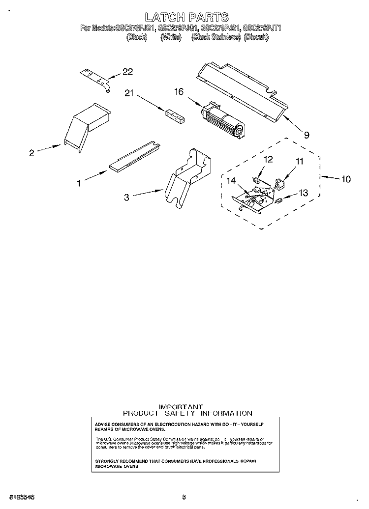 LATCH Diagram and Parts List for GSC278PJS1  Whirlpool Microwave Oven Combo