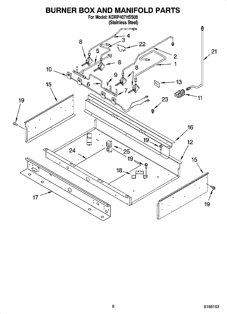 BURNER BOX AND MANIFOLD PARTS Diagram and Parts List for KDRP407HSS08  KitchenAid Range