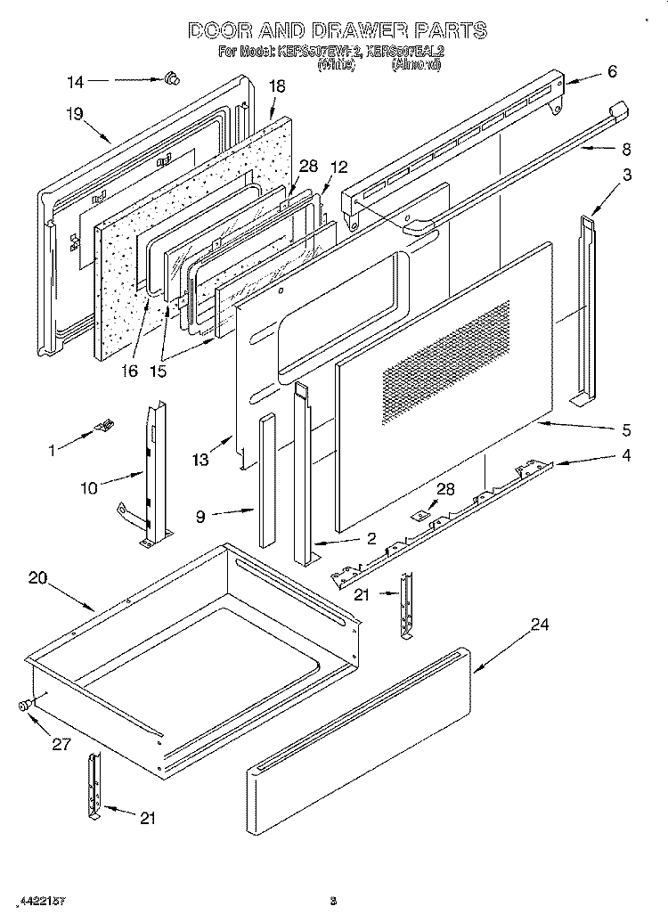 DOOR AND DRAWER Diagram and Parts List for KERS507EAL2  KitchenAid Range