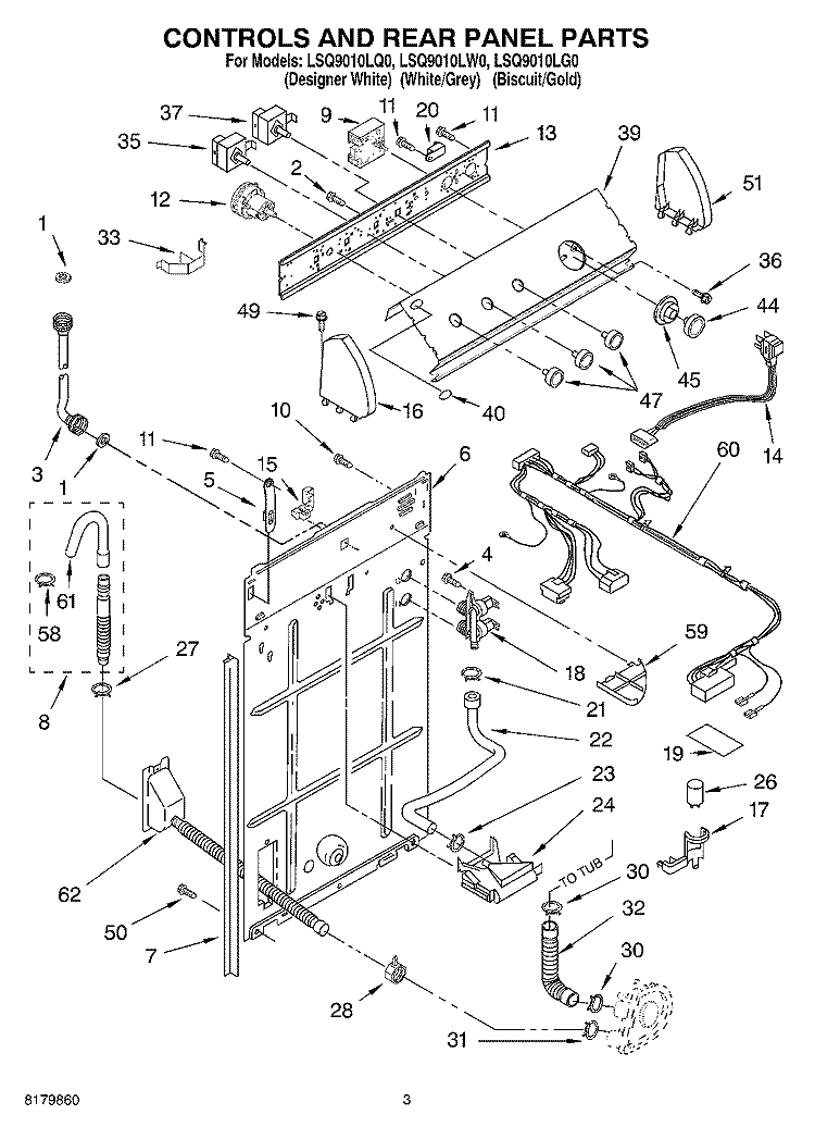 CONTROLS AND REAR PANEL Diagram and Parts List for LSQ9010LW0  Whirlpool Washer
