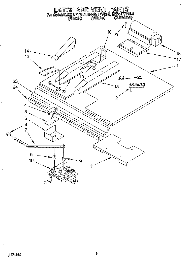 LATCH AND VENT Diagram and Parts List for KEBS177YWH4  KitchenAid Wall Oven