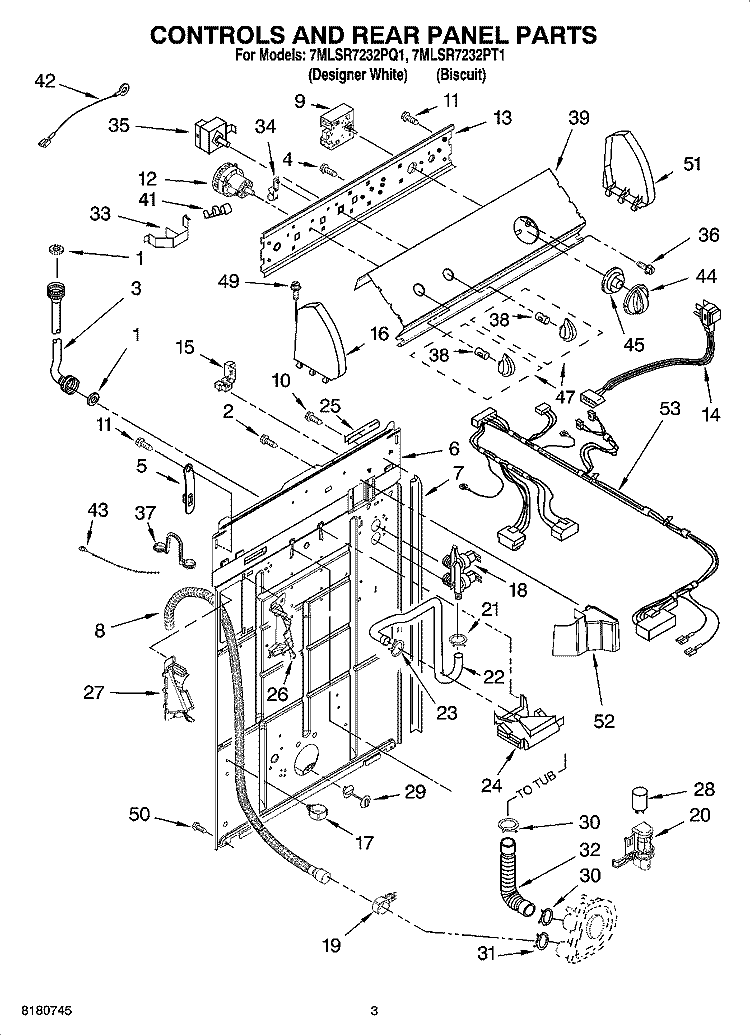 CONTROLS AND REAR PANEL PARTS Diagram and Parts List for 7MLSR7232PT1  Whirlpool Washer