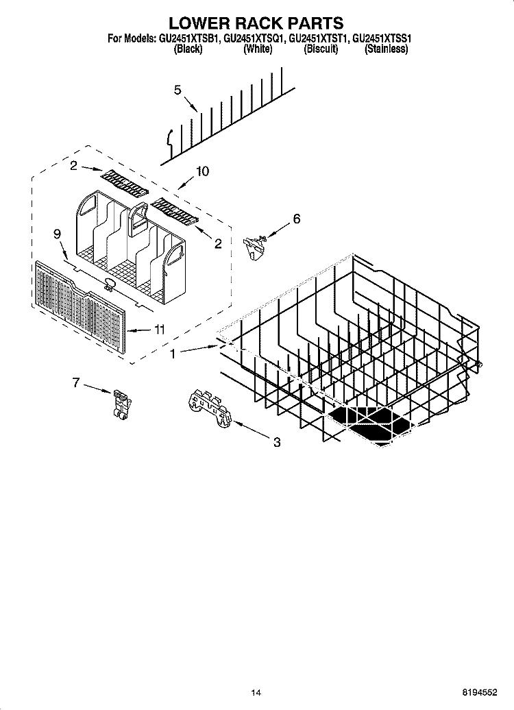 LOWER RACK PARTS, OPTIONAL PARTS (NOT INCLUDED) Diagram and Parts List for GU2451XTST1  Whirlpool Dishwasher