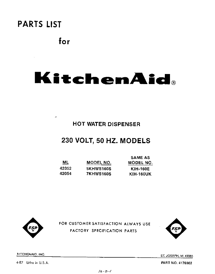 SECTION Diagram and Parts List for 5KHWS160S  KitchenAid Miscellaneous