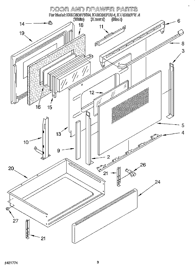DOOR AND DRAWER Diagram and Parts List for KERC500YWH4  KitchenAid Range