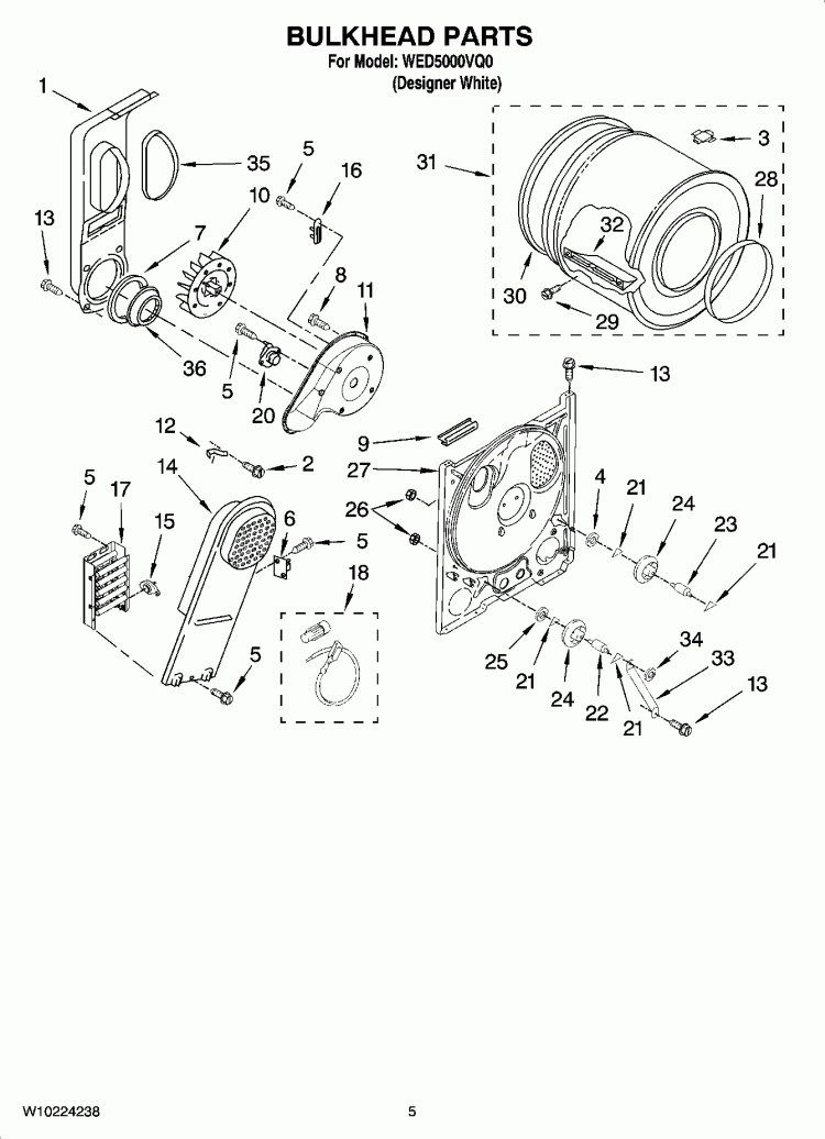 BULKHEAD PARTS, OPTIONAL PARTS (NOT INCLUDED) Diagram and Parts List for WED5000VQ0  Whirlpool Dryer