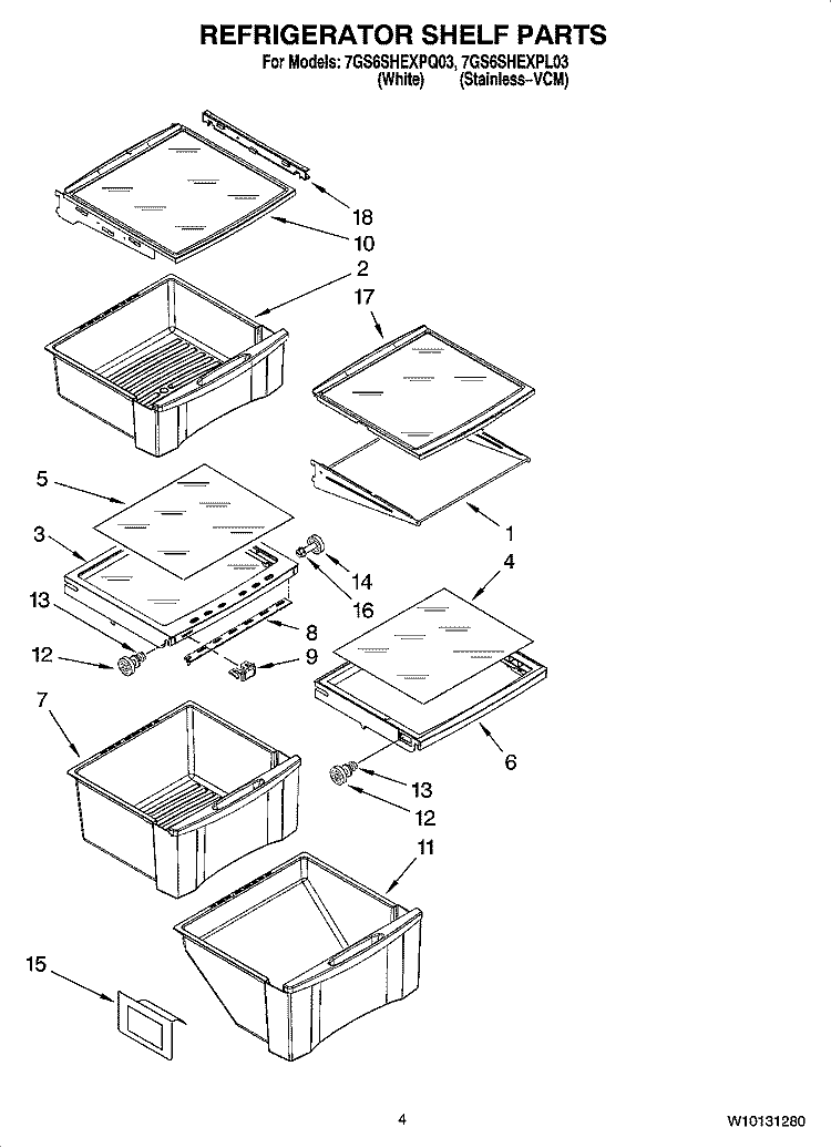 REFRIGERATOR SHELF PARTS Diagram and Parts List for 7GS6SHEXPQ03  Whirlpool Refrigerator