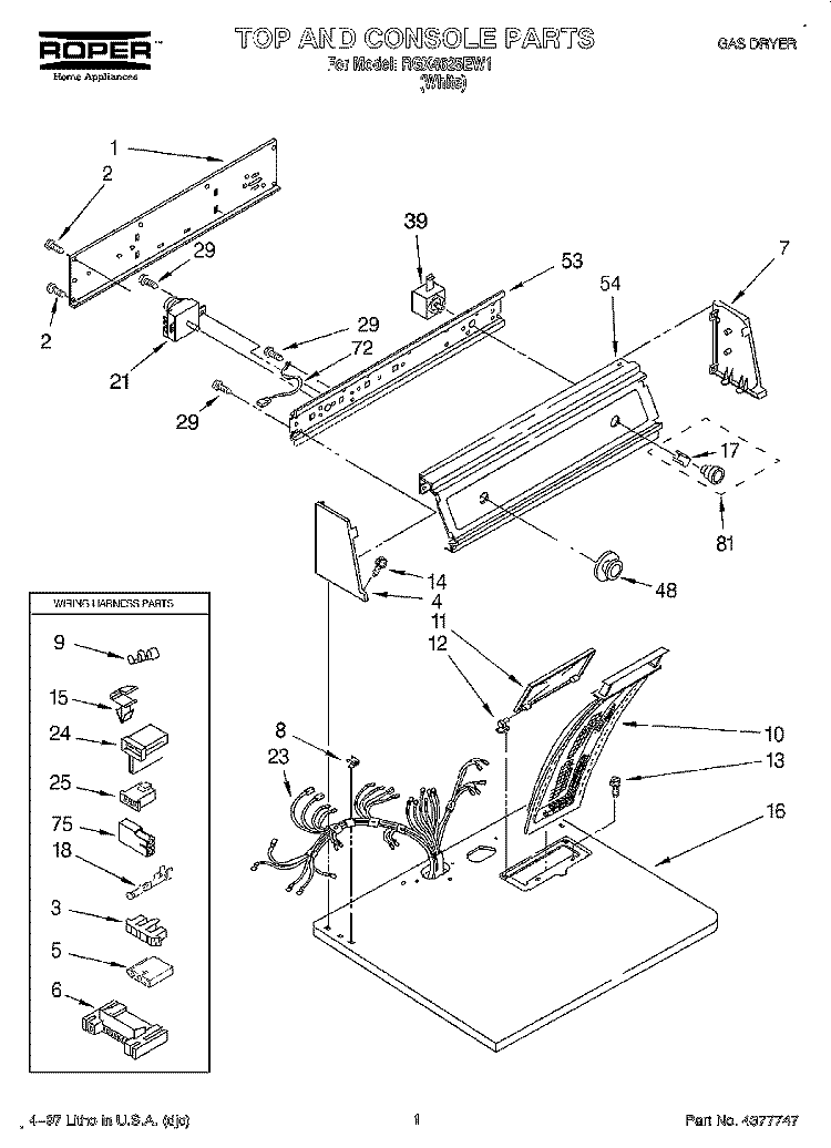 TOP AND CONSOLE, LIT/OPTIONAL Diagram and Parts List for RGX4625EW1  Roper Dryer