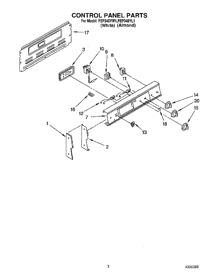 CONTROL PANEL Diagram and Parts List for FEP340YW1  Roper Range