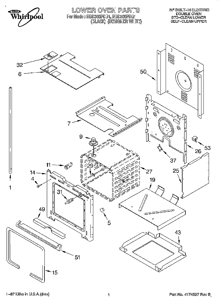 LOWER OVEN Diagram and Parts List for RBD305PDQ1  Whirlpool Wall Oven