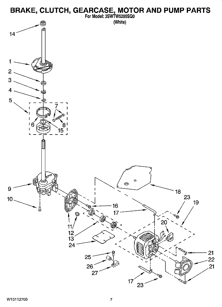 BRAKE, CLUTCH, GEARCASE, MOTOR AND PUMP PARTS Diagram and Parts List for 3SWTW5205SQ0  Whirlpool Washer