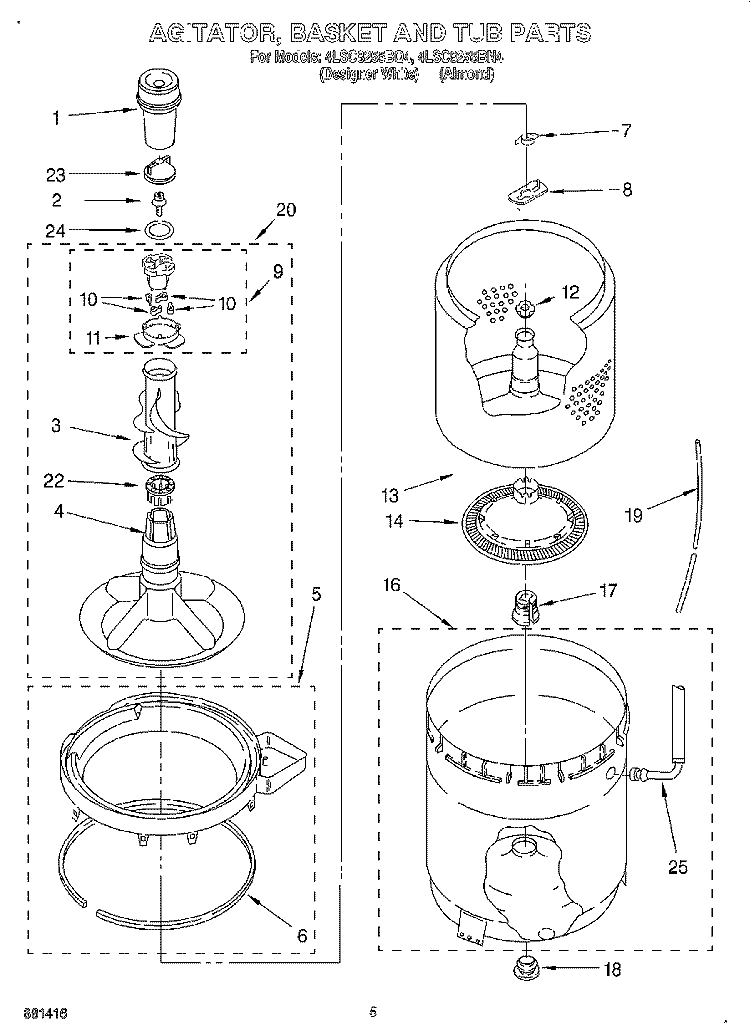 AGITATOR, BASKET AND TUB Diagram and Parts List for 4LSC8255BN4  Whirlpool Washer