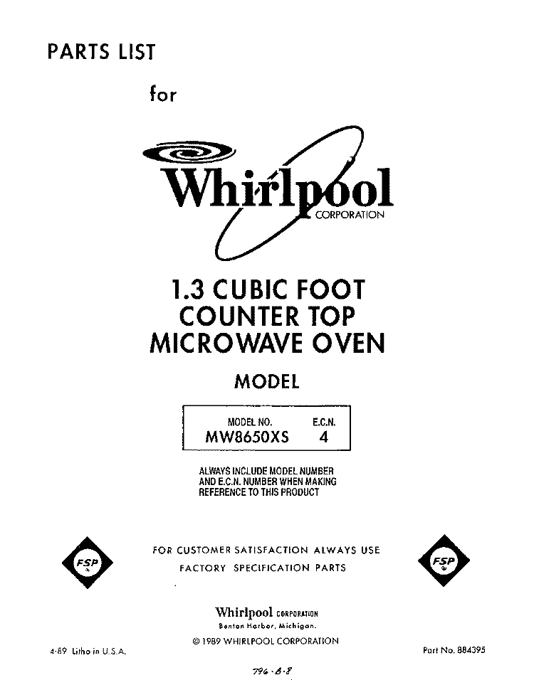 SECTION Diagram and Parts List for MW8650XS4  Whirlpool Microwave