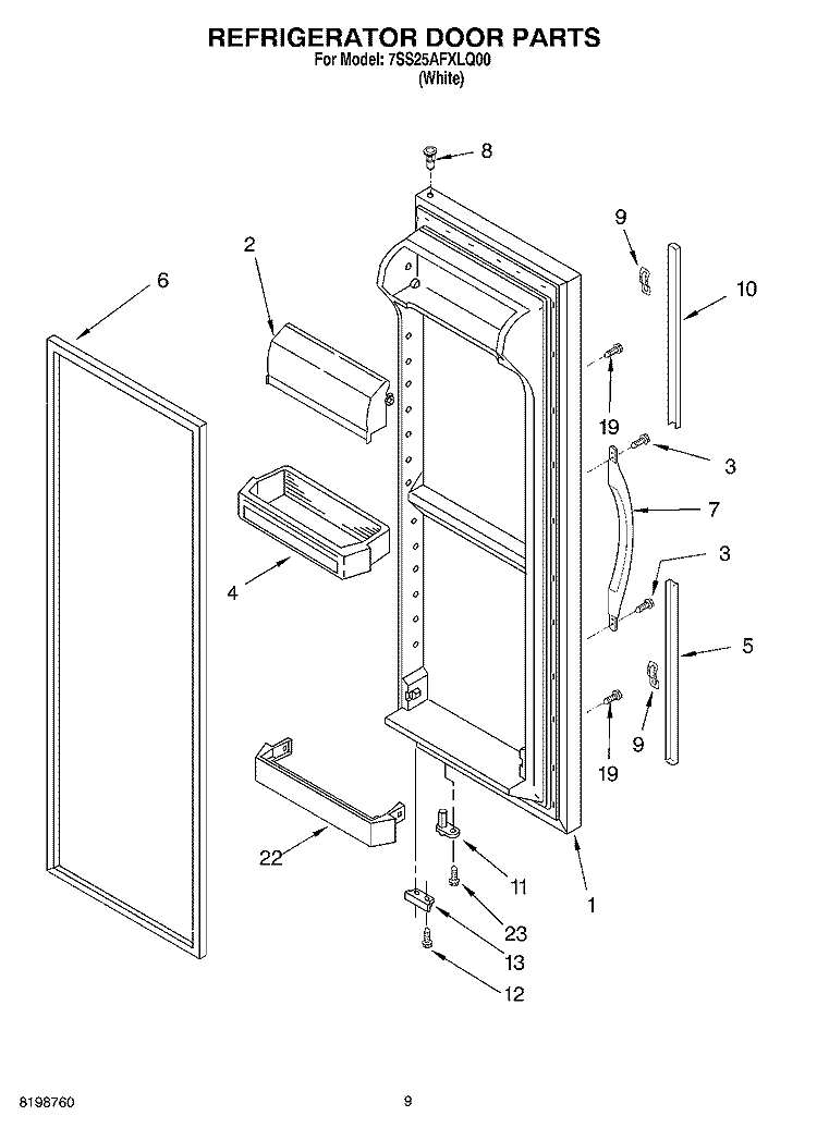 REFRIGERATOR DOOR PARTS Diagram and Parts List for 7SS25AFXLQ00  Whirlpool Refrigerator