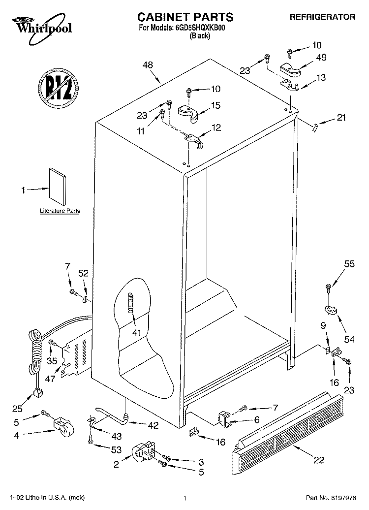CABINET, LITERATURE Diagram and Parts List for 6GD5SHQXKB00  Whirlpool Refrigerator