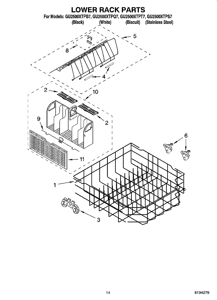 LOWER RACK PARTS, OPTIONAL PARTS (NOT INCLUDED) Diagram and Parts List for GU2500XTPT7  Whirlpool Dishwasher