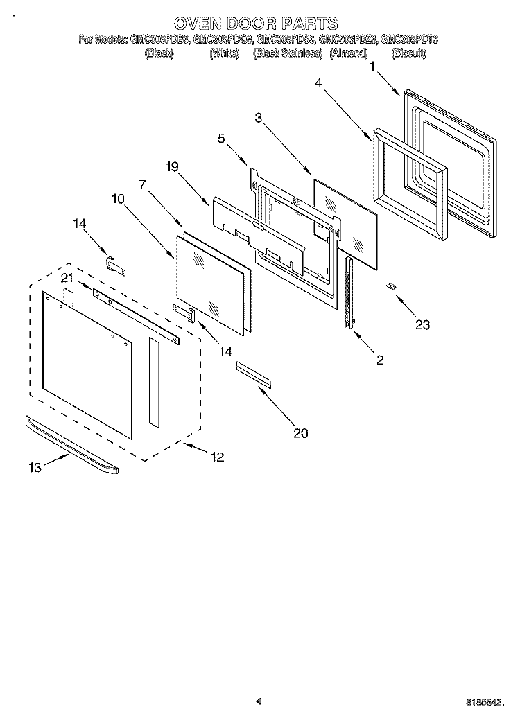 OVEN DOOR Diagram and Parts List for GMC305PDQ3  Whirlpool Microwave Oven Combo