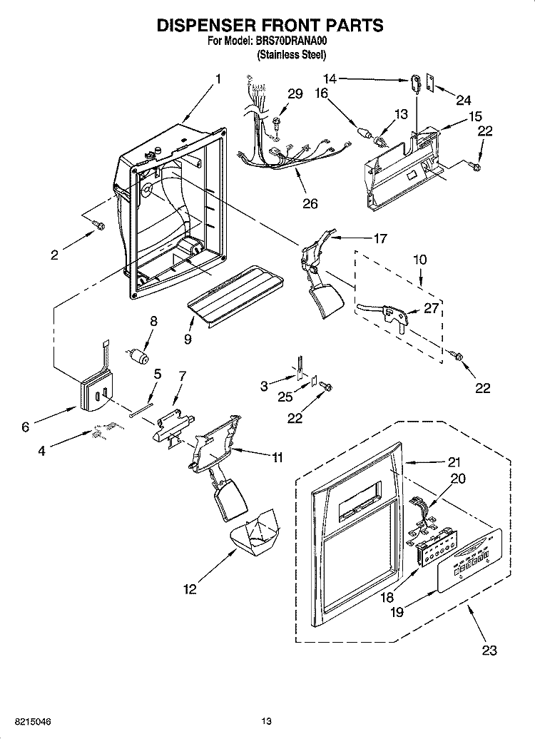 DISPENSER FRONT PARTS Diagram and Parts List for BRS70DRANA00  Whirlpool Refrigerator
